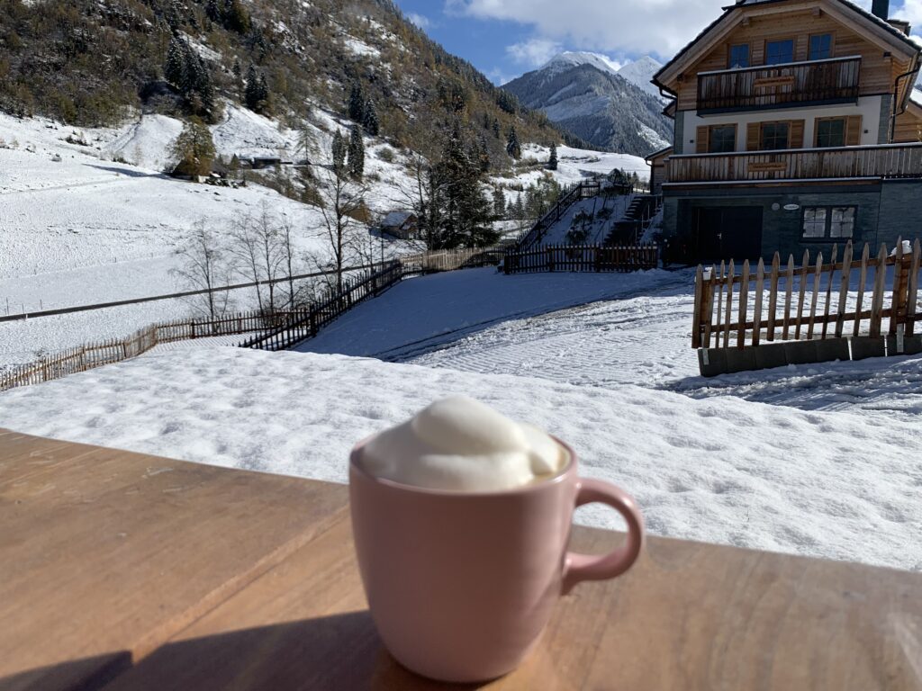 Cappuccino under the covered terrace after our lovely walk